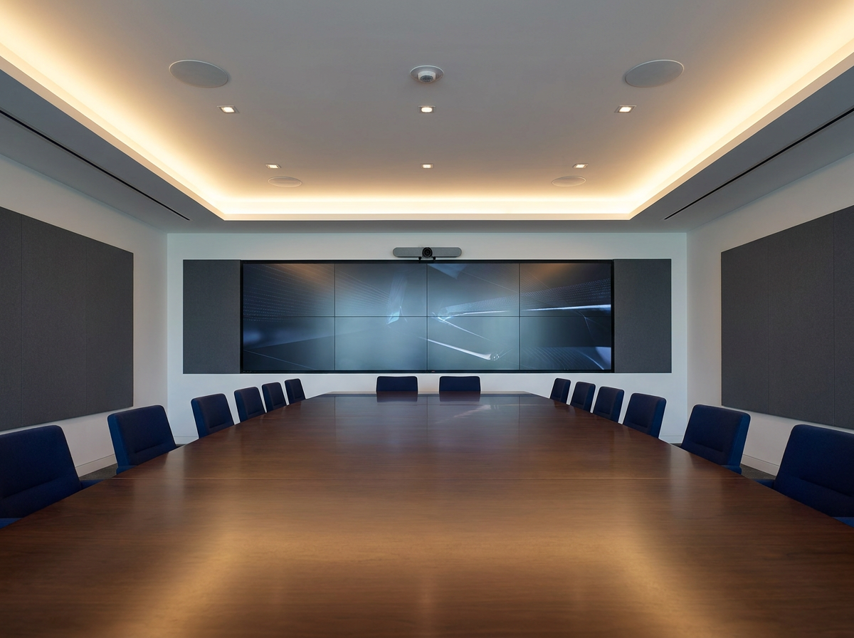 Conference room with a large display and integrated audio