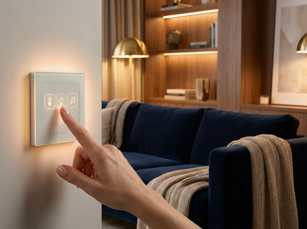 Smart home control panel in a modern living room