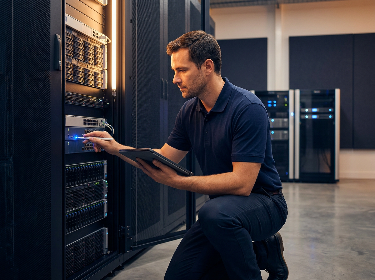 IT technician servicing a network rack